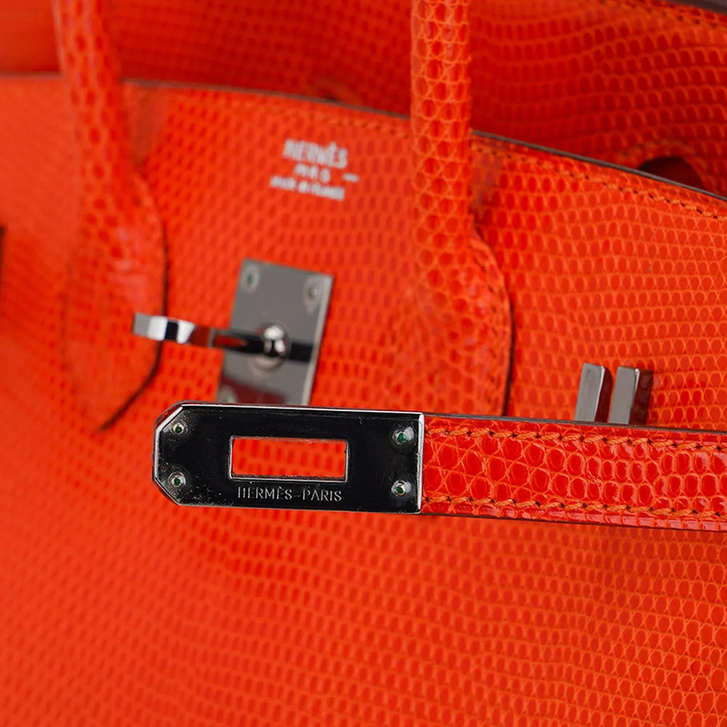 Birkin 25 Bag Orange Tangerine Lizard with Ruthenium Hardware