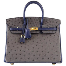 Load image into Gallery viewer, Birkin 25 Bag HSS Ostrich Gris Agate/Blue Sapphire Brushed Gold