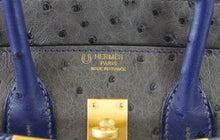Load image into Gallery viewer, Birkin 25 Bag HSS Ostrich Gris Agate/Blue Sapphire Brushed Gold