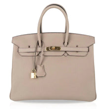 Load image into Gallery viewer, HSS Tri-Color Birkin 35 Gris Tourterelle Blue Paon &amp; Purple Stitching Special Order Bag