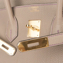Load image into Gallery viewer, HSS Tri-Color Birkin 35 Gris Tourterelle Blue Paon &amp; Purple Stitching Special Order Bag