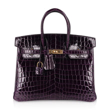 Load image into Gallery viewer, Birkin 25 Bag Aubergine Niloticus Crocodile with Gold Hardware