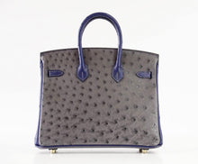 Load image into Gallery viewer, Birkin 25 Bag HSS Ostrich Gris Agate/Blue Sapphire Brushed Gold