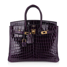 Load image into Gallery viewer, Birkin 25 Bag Aubergine Niloticus Crocodile with Gold Hardware