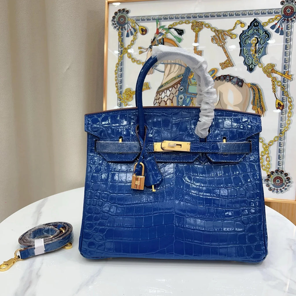 Blue Croc Embossement Leather Handbags Metal Lock Satchel Bag