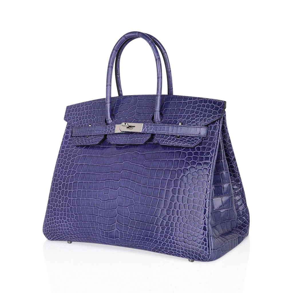 Birkin 35 Bag Blue Brighton Porosus Crocodile Palladium Hardware New