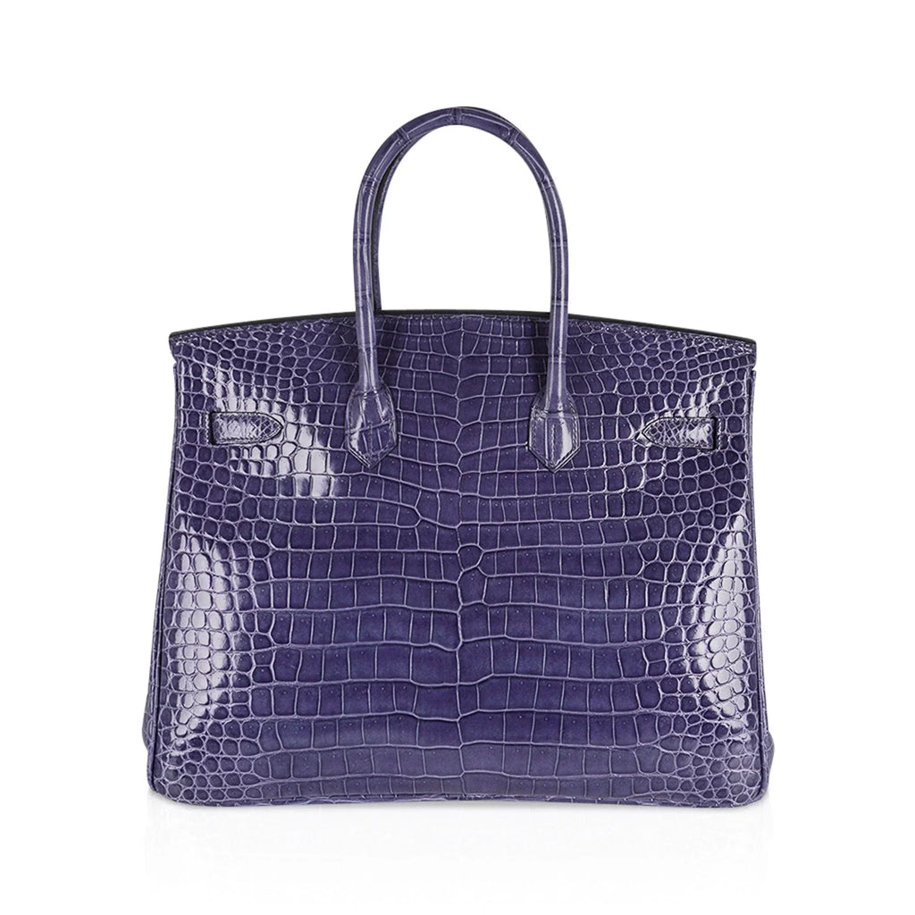 Birkin 35 Bag Blue Brighton Porosus Crocodile Palladium Hardware New