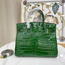Load image into Gallery viewer, Birkin Emerald Shiny Niloticus Crocodile Gold Hardware