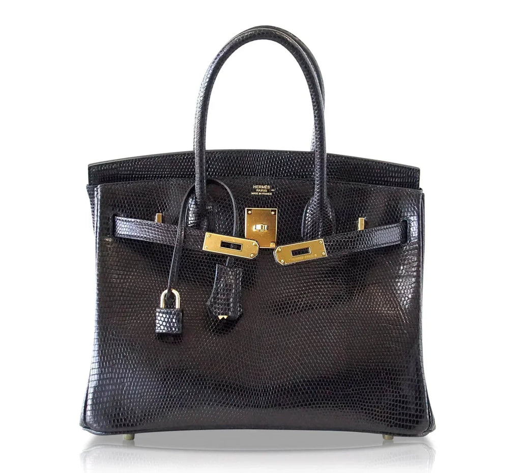 Birkin 30 Bag Jet Black Lizard Gold Hardware