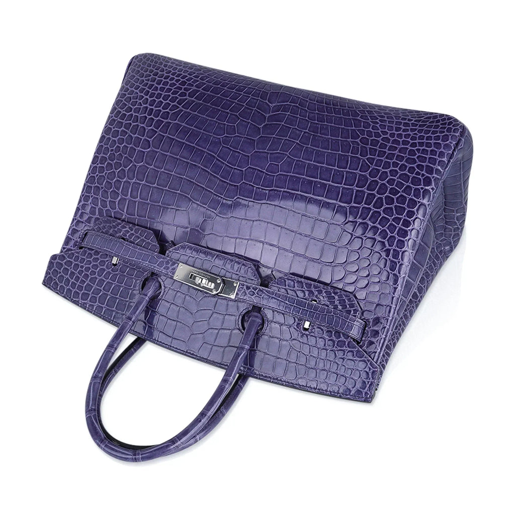 Birkin 35 Bag Blue Brighton Porosus Crocodile Palladium Hardware New