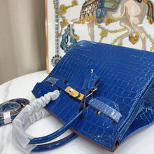 Load image into Gallery viewer, Birkin Blue Croc Embossement Leather Handbags Metal Lock Satchel Bag