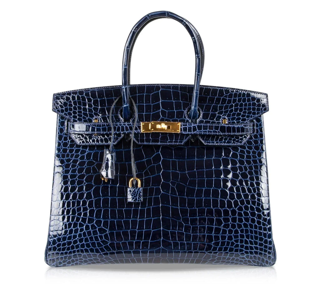 Birkin 35 Bag Blue Sapphire Porosus Crocodile Gold Hardware New