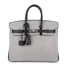 Load image into Gallery viewer, Birkin 25 HSS Bag Gris Perle / Black Matte Alligator Palladium Hardware