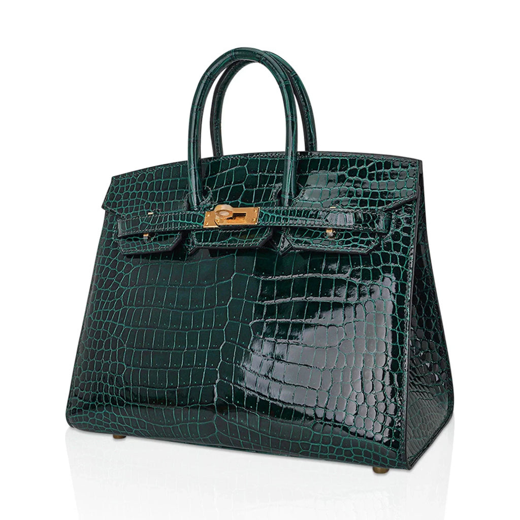 Birkin 25 Bag Sellier Vert Fonce Porosus Crocodile Bag with Gold Hardware