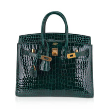 Load image into Gallery viewer, Birkin 25 Bag Sellier Vert Fonce Porosus Crocodile Bag with Gold Hardware