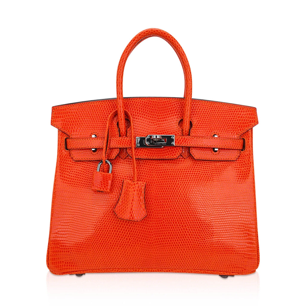Birkin 25 Bag Orange Tangerine Lizard with Ruthenium Hardware