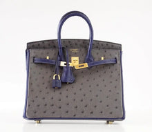 Load image into Gallery viewer, Birkin 25 Bag HSS Ostrich Gris Agate/Blue Sapphire Brushed Gold
