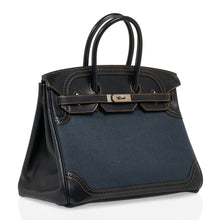 Load image into Gallery viewer, Birkin 35 Ghillies Denim Fonce Toile / Black Evercalf Bag Limited Edition