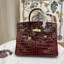 Load image into Gallery viewer, Birkin Bordeaux Shiny Porosus Crocodile Gold Hardware