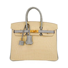 Load image into Gallery viewer, Special Order HSS Birkin 25 Bag in Matte Alligator Vanille and Gris Pearl Alligator with Brushed Gold Hardware