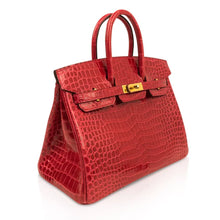 Load image into Gallery viewer, Birkin 25 Bag Red Braise Porosus Crocodile Gold Hardware Lipstick Red