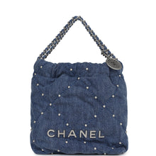 Load image into Gallery viewer, Chanel Mini 22 Bag Blue Studded Denim Silver Hardware