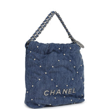 Load image into Gallery viewer, Chanel Mini 22 Bag Blue Studded Denim Silver Hardware