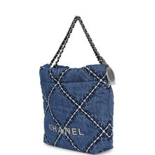 Load image into Gallery viewer, Chanel Mini 22 Bag Blue Stitched Denim Silver Hardware