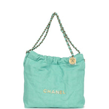 Load image into Gallery viewer, Chanel Small 22 Bag Light Green Washed Denim Gold Hardware