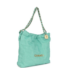 Load image into Gallery viewer, Chanel Small 22 Bag Light Green Washed Denim Gold Hardware