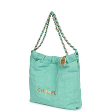 Load image into Gallery viewer, Chanel Small 22 Bag Light Green Washed Denim Gold Hardware