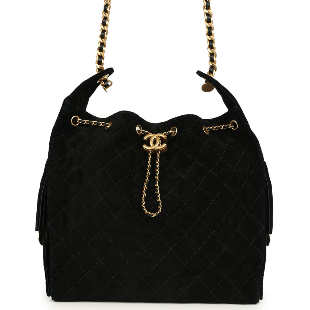 Chanel Medium 25 Hobo Bag Black Suede Antique Gold Hardware