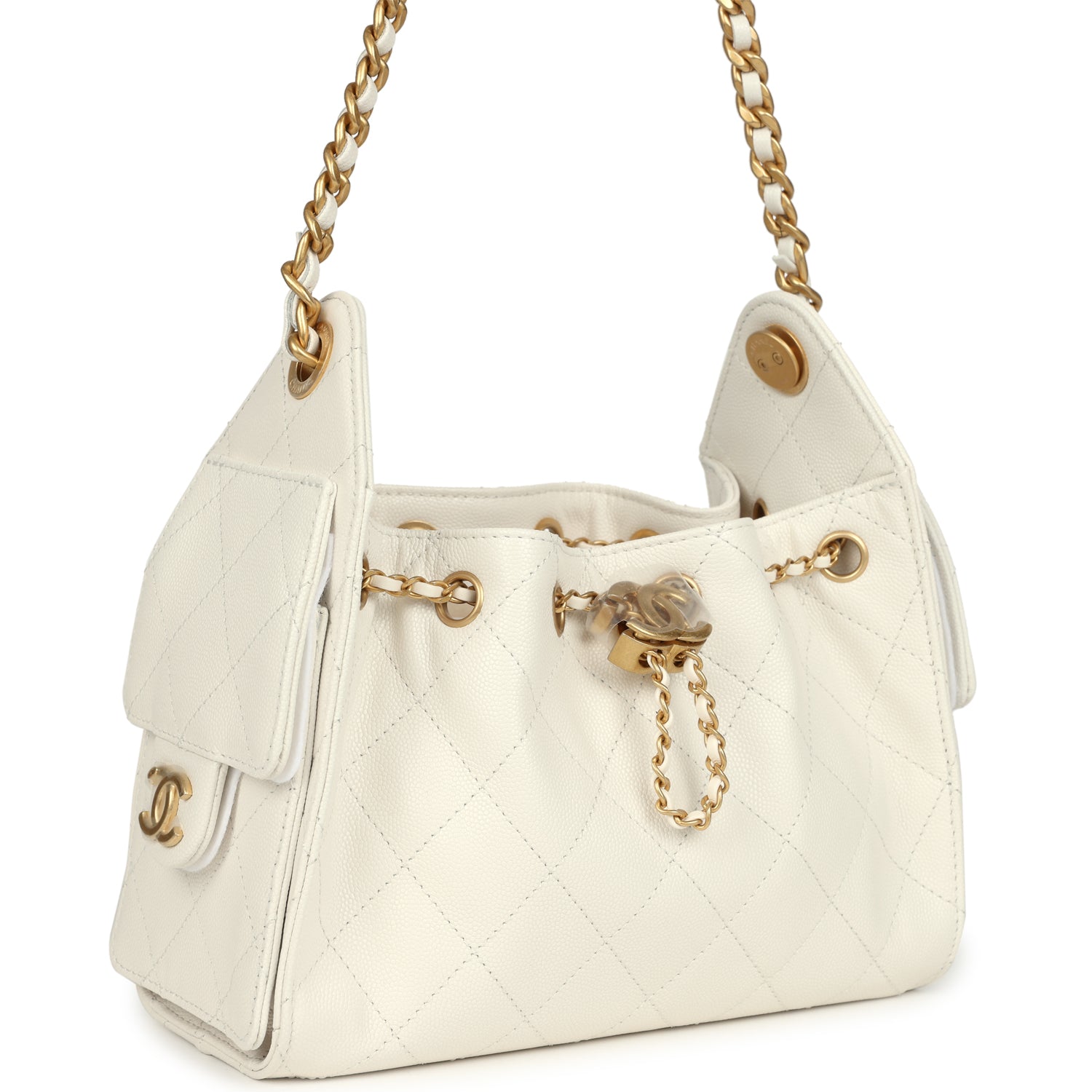 Chanel Mini 25 Hobo Bag White Caviar Antique Gold Hardware