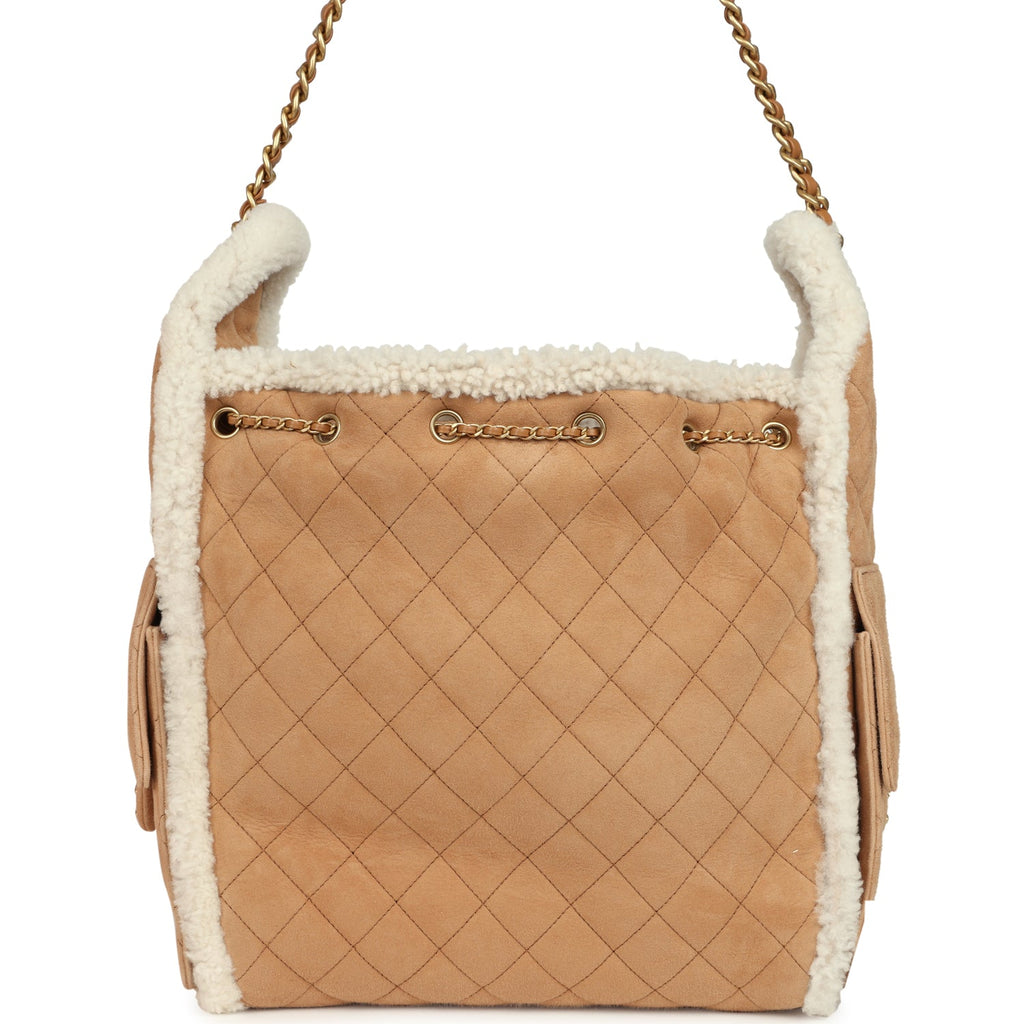 Chanel Medium 25 Hobo Bag Beige Suede and White Shearling Antique Gold Hardware