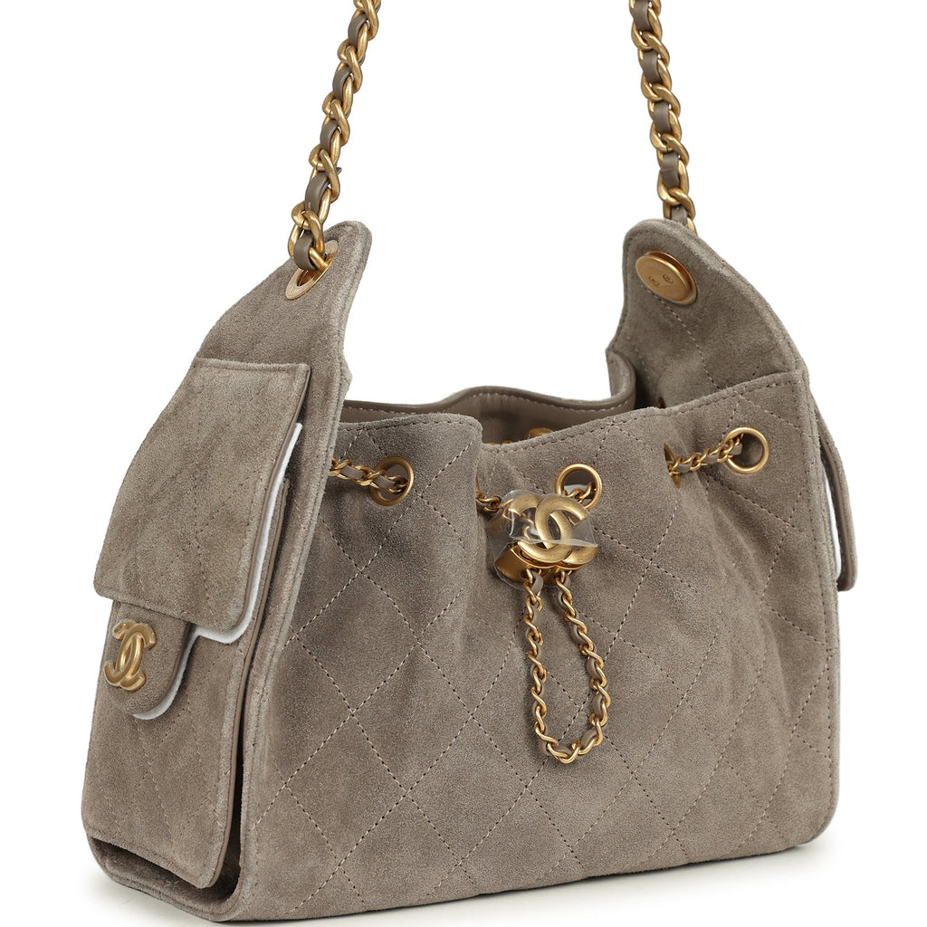 Chanel Mini 25 Hobo Bag Dark Grey Suede Antique Gold Hardware