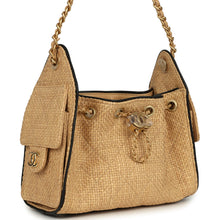 Load image into Gallery viewer, Chanel Mini 25 Hobo Bag Beige Raffia and Black Calfskin Antique Gold Hardware