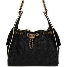 Load image into Gallery viewer, Chanel Small 25 Hobo Bag Black Raffia and White Calfskin Antique Gold Hardware