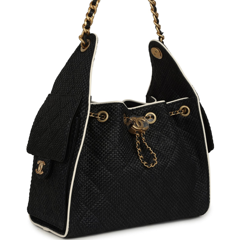 Chanel Small 25 Hobo Bag Black Raffia and White Calfskin Antique Gold Hardware