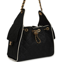 Load image into Gallery viewer, Chanel Small 25 Hobo Bag Black Raffia and White Calfskin Antique Gold Hardware