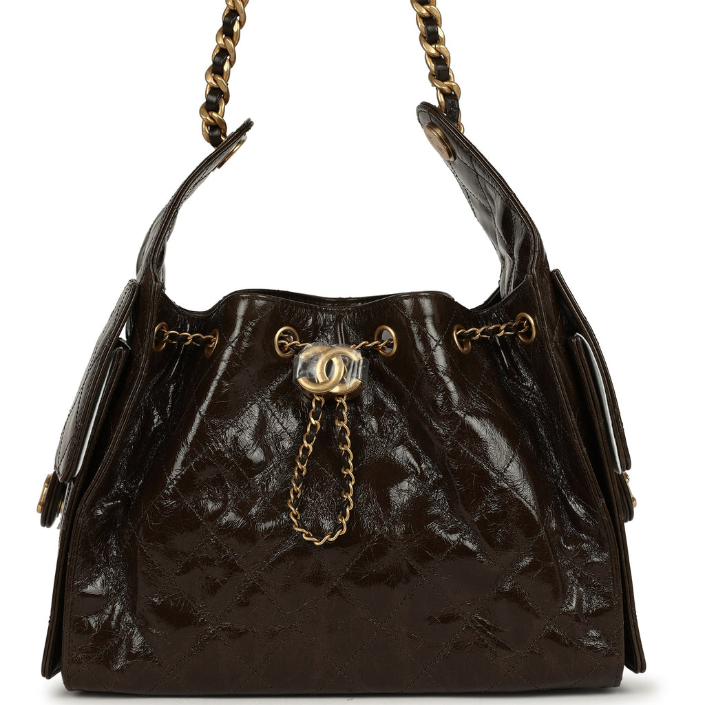 Chanel Small 25 Hobo Bag Khaki Shiny Aged Crumpled Calfskin Antique Gold Hardware