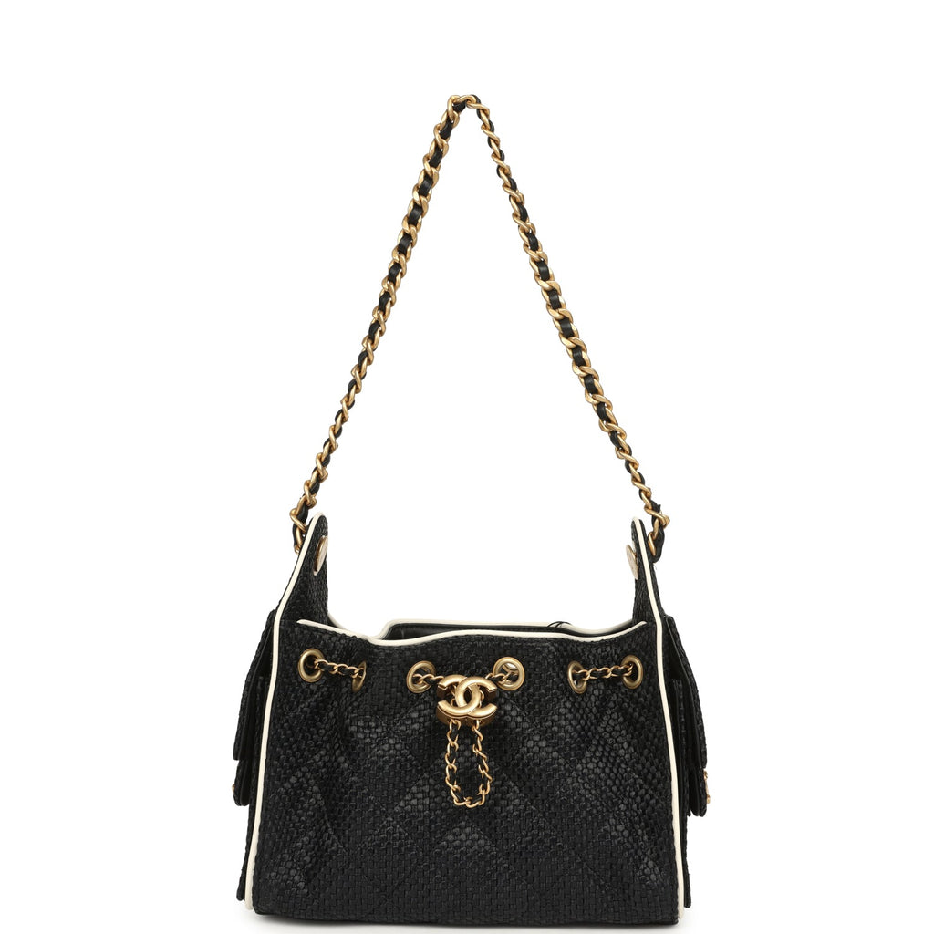 Chanel Mini 25 Hobo Bag Black Raffia and White Calfskin Antique Gold Hardware