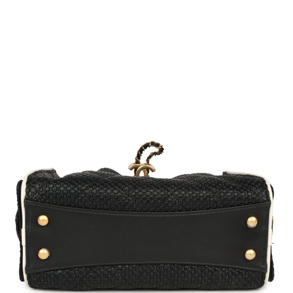 Chanel Mini 25 Hobo Bag Black Raffia and White Calfskin Antique Gold Hardware