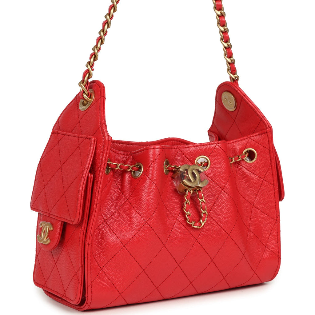 Chanel Mini 25 Hobo Bag Dark Red Caviar Antique Gold Hardware