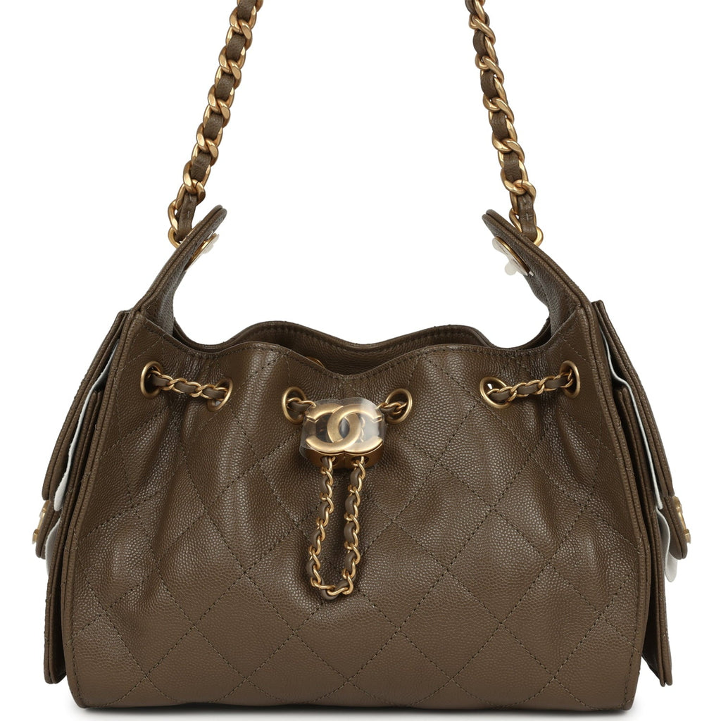 Chanel Mini 25 Hobo Bag Dark Khaki Caviar Antique Gold Hardware