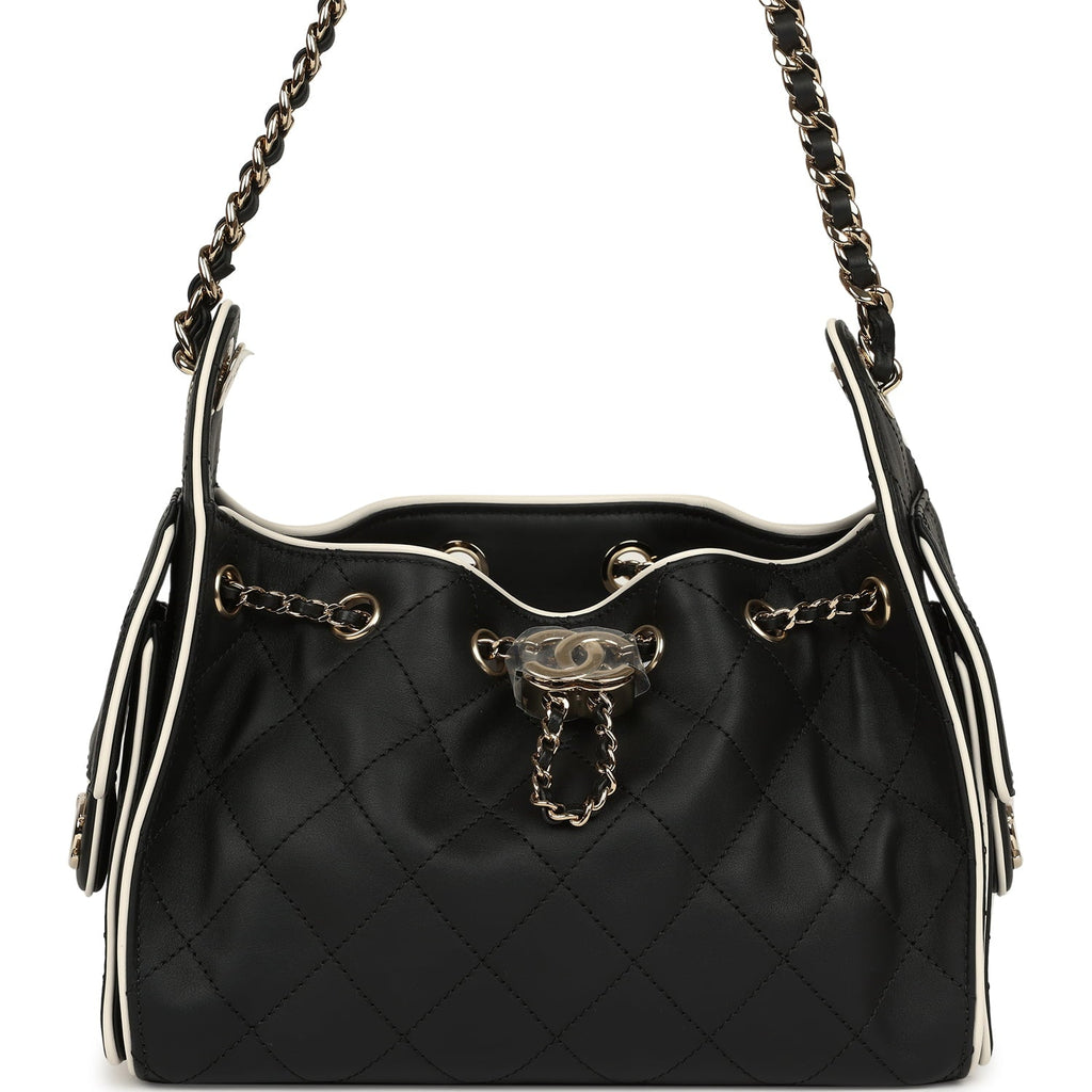 Chanel Mini 25 Hobo Bag Black and White Calfskin Light Gold Hardware