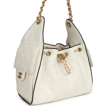 Load image into Gallery viewer, Chanel Small 25 Hobo Bag White Raffia and Black Calfskin Antique Gold Hardware