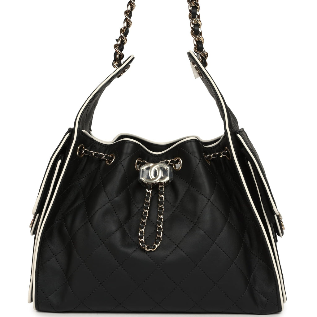 Chanel Small 25 Hobo Bag Black and White Calfskin Light Gold Hardware