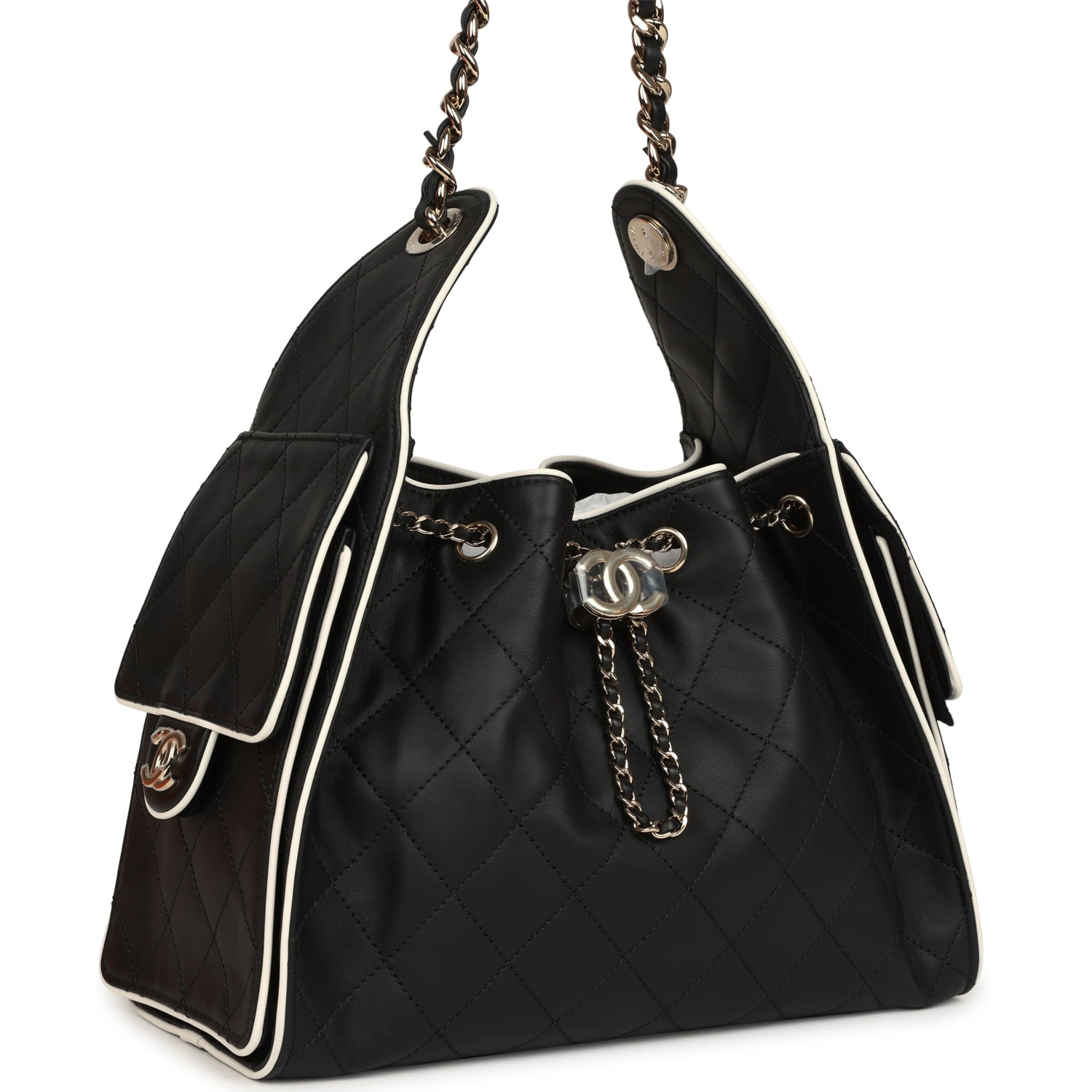 Chanel Small 25 Hobo Bag Black and White Calfskin Light Gold Hardware