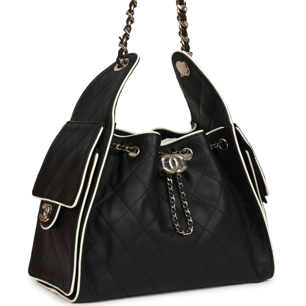 Chanel Small 25 Hobo Bag Black and White Calfskin Light Gold Hardware