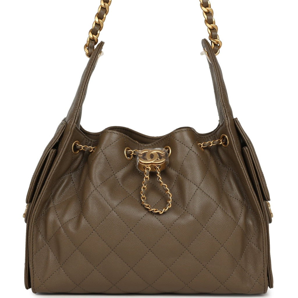 Chanel Small 25 Hobo Bag Dark Khaki Caviar Antique Gold Hardware